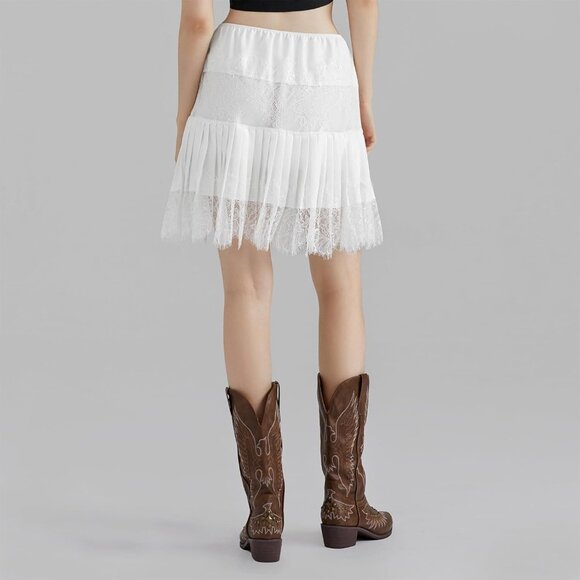 Women Lace Ruffle Mini White Skirt Pleated Sexy Waist Layered Flowy Slip Skirt - Picture 7 of 7